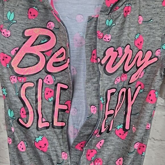 Justice 6/7 Girl Strawberry Print Gray Hoodie Romper Pajama Loungewear Sleepwear - Picture 13 of 15